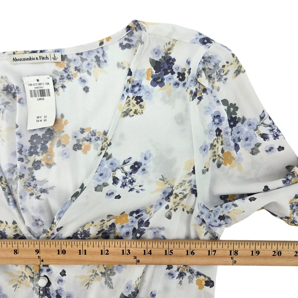Abercrombie & Fitch Floral V-Neck Button Front Peplum‎ Top White Blue Boho L